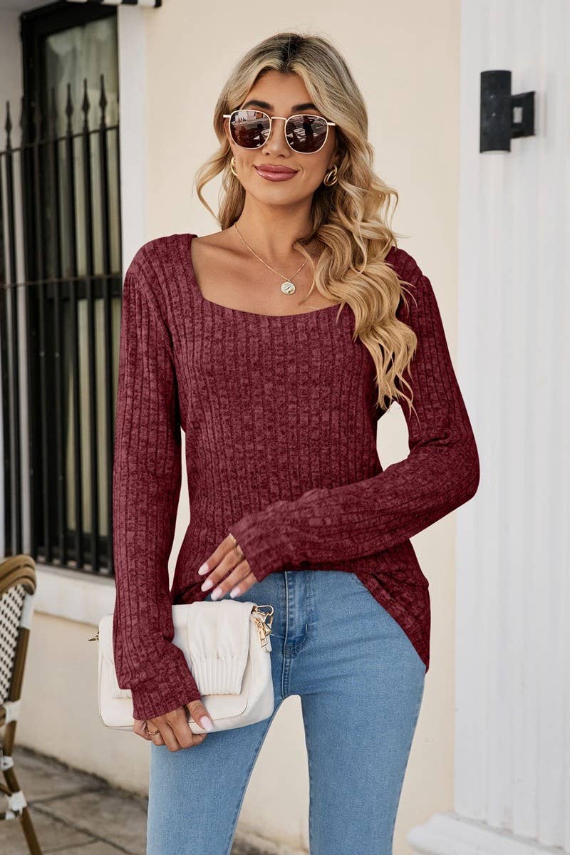 CWTBLL3197_SQUARE NECK RIBBED BRUSHED CASUAL LONG SLEEVE TOP