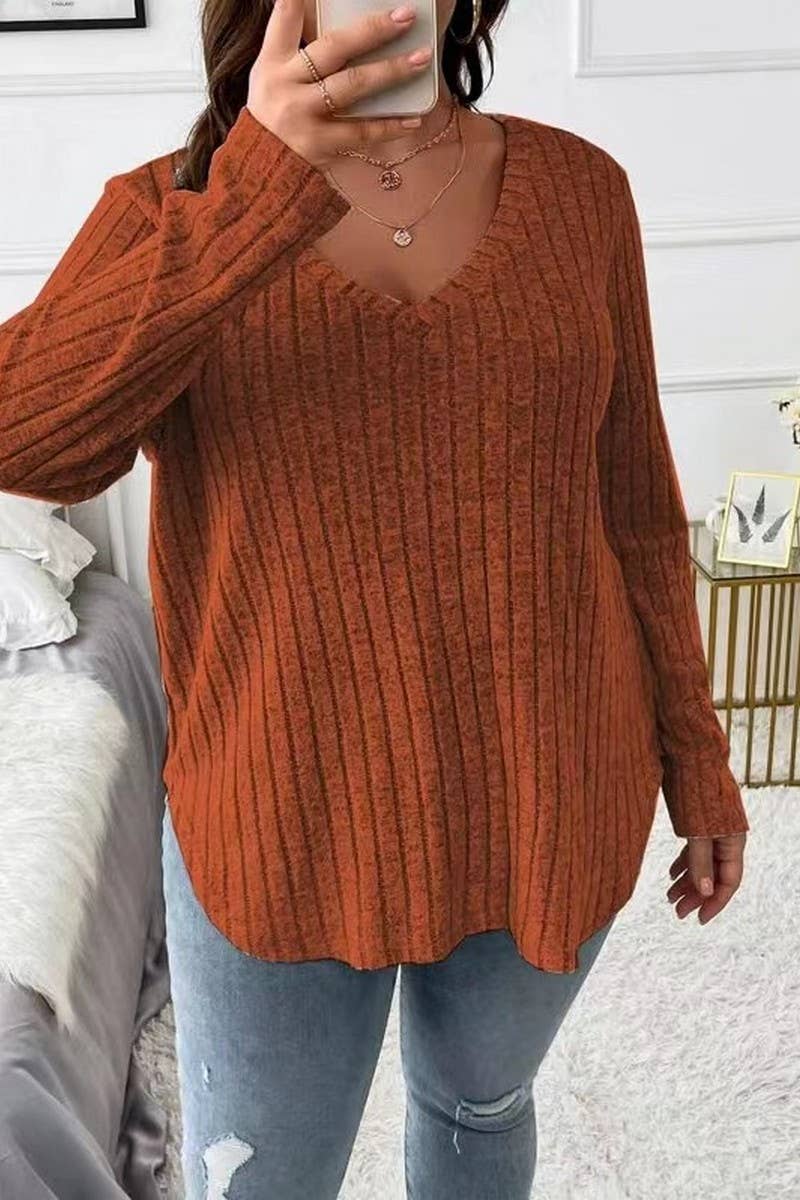 CWTTL1961_SPRING AND AUTUMN V-NECK LARGE SIZE RIBBED TOP