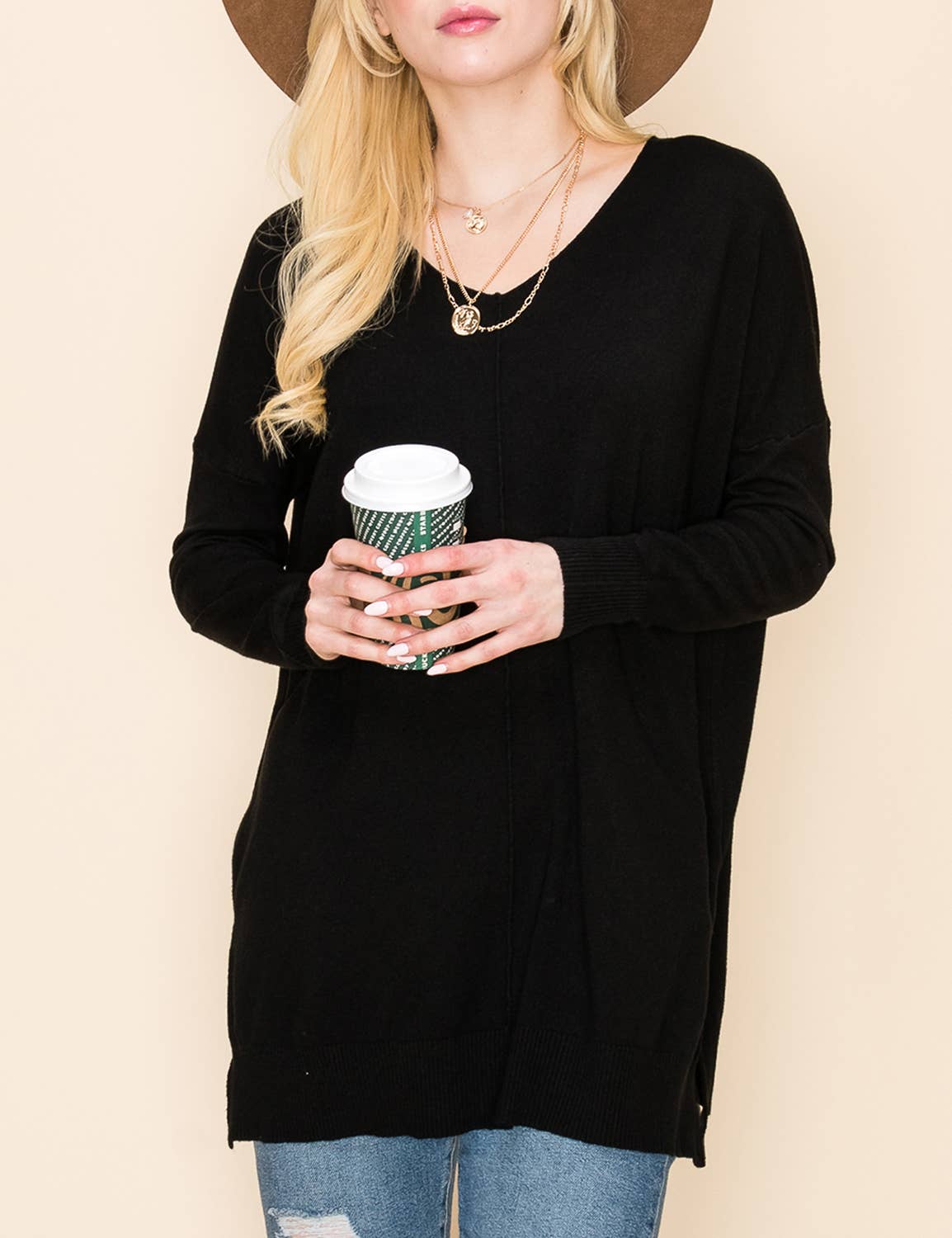 CWOSWL1826_V NECK LOOSE FIT TUNIC LENGTH SOFT SWEATER TOP