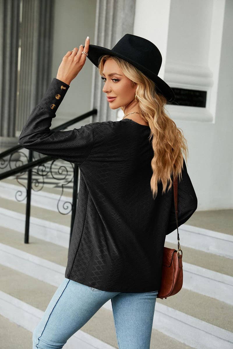 CWTTL1591_V-neck Pullover Long Sleeve Top