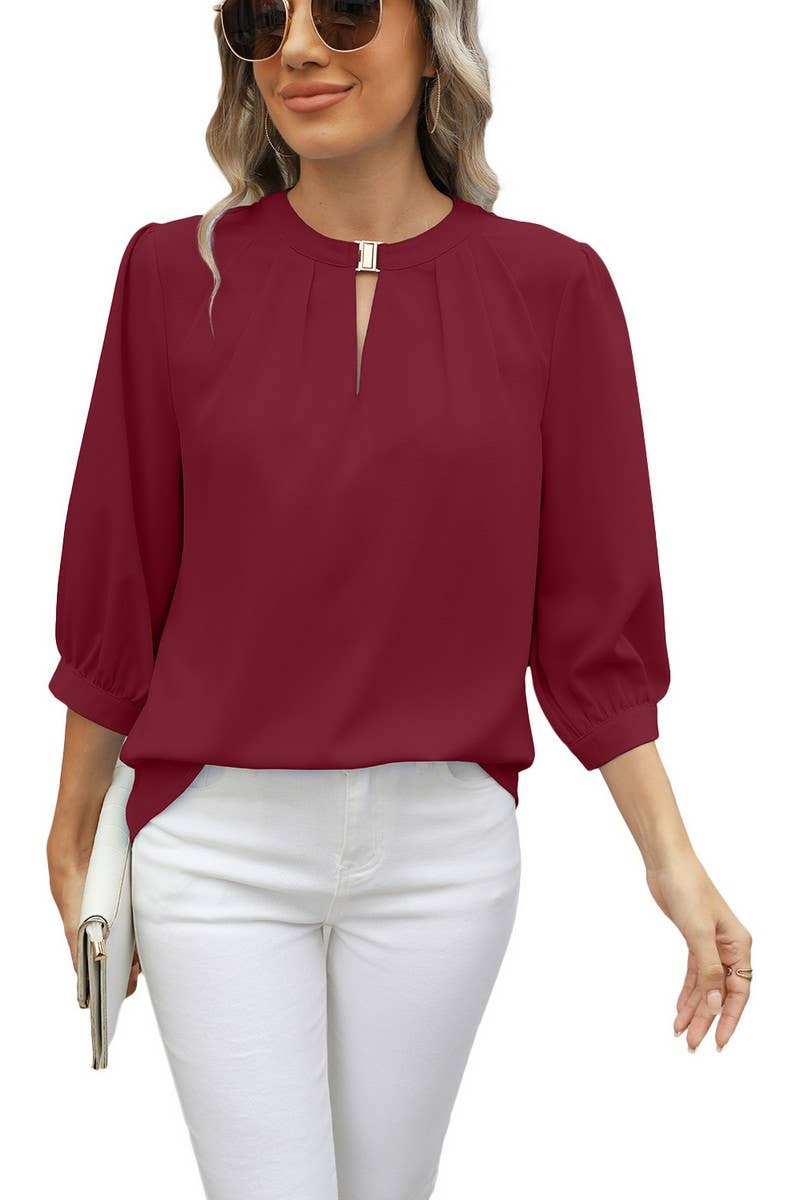 CWTBLL3673_KEYHOLE V NECK 3/4 SLEEVE LOOSE CHIFFON TOP