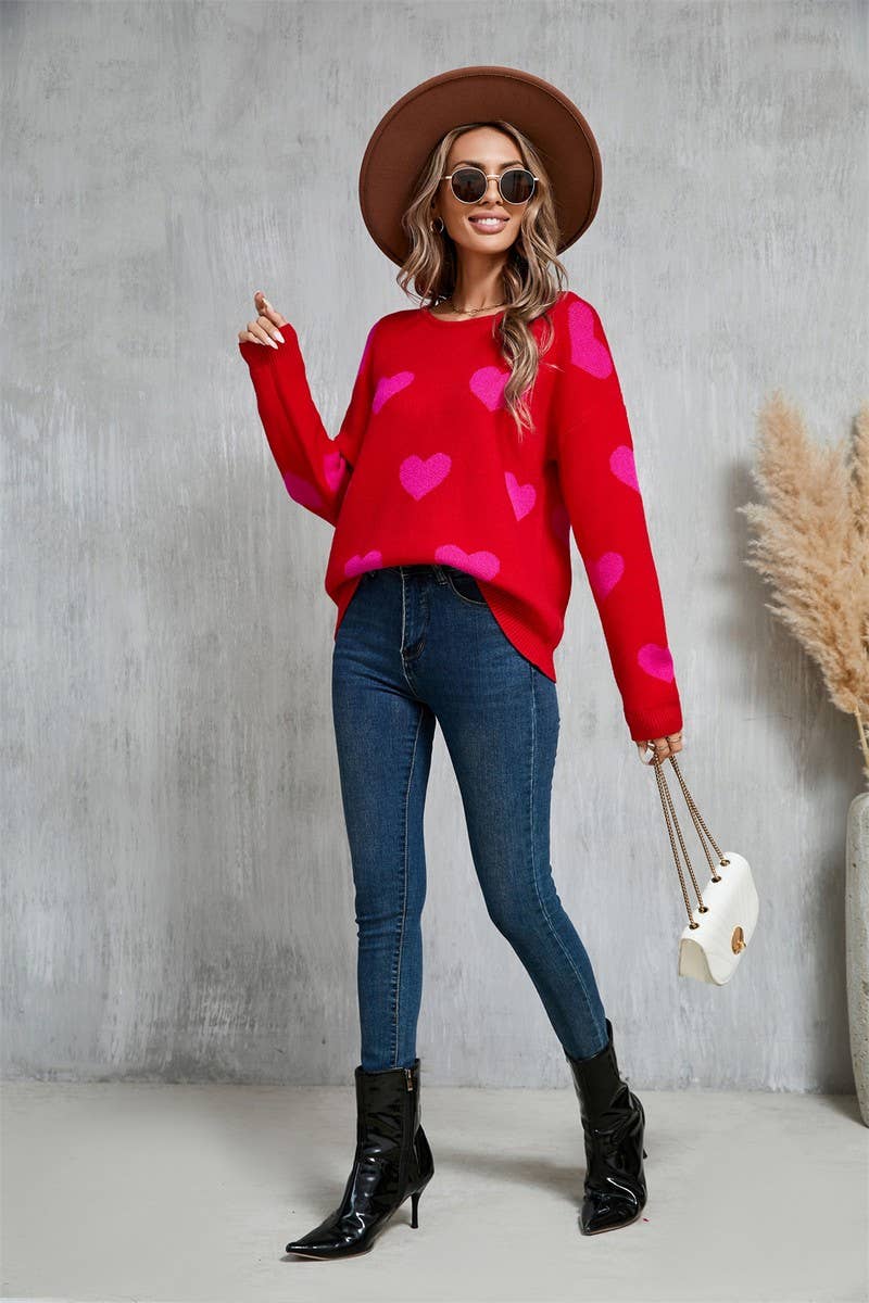 CWOSWL5780_VALENTINE'S DAY ROUND NECK CONTRAST COLOR SWEATER
