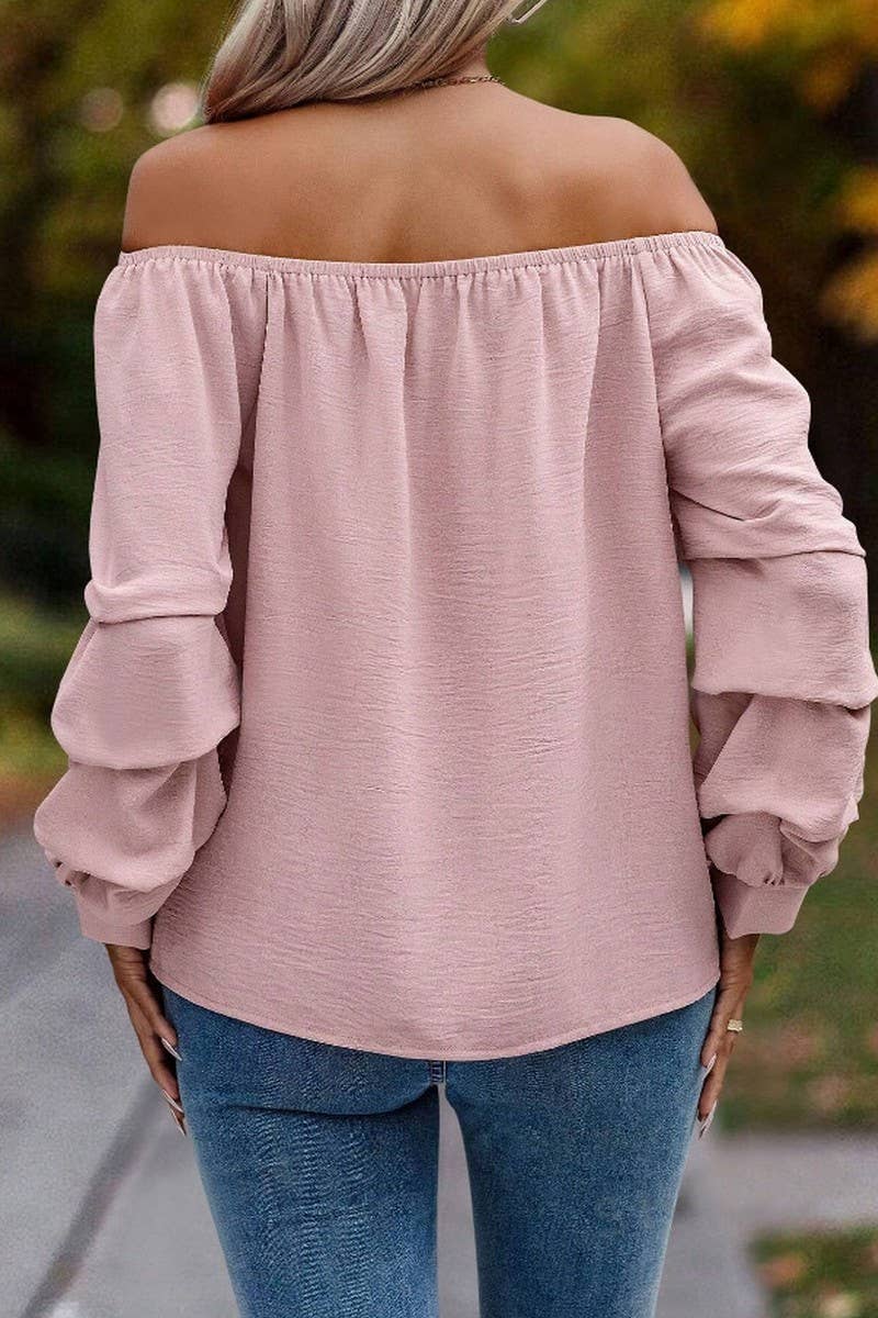 CWTBLL4006_SOLID OFF SHOULDER KNOT SLEEVE LONG SLEEVE SHIRT