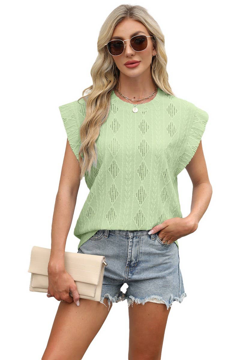 CWTBLS1696_ROUND NECK JACQUARD LOOSE SHORT SLEEVE TOP