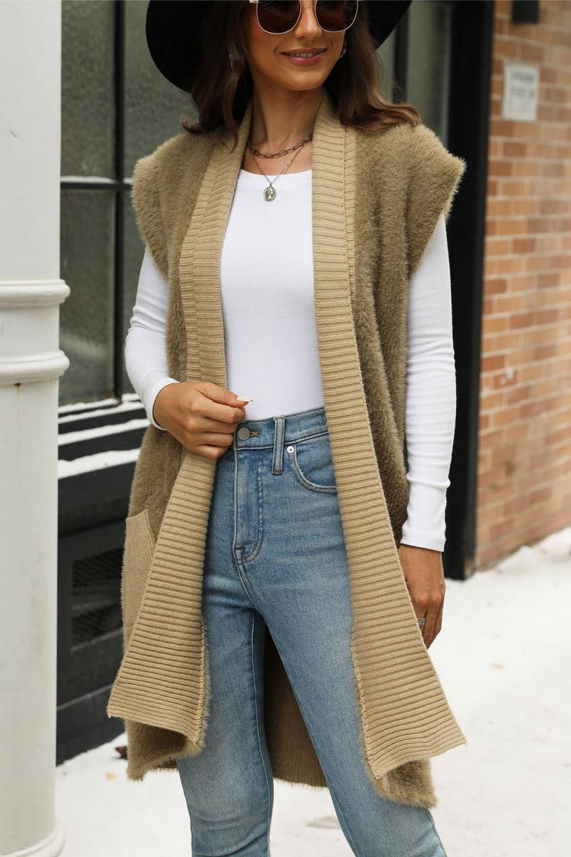 CWOSWSL0136_MID-LENGTH SLEEVELESS KNITTED CARDIGAN SWEATER