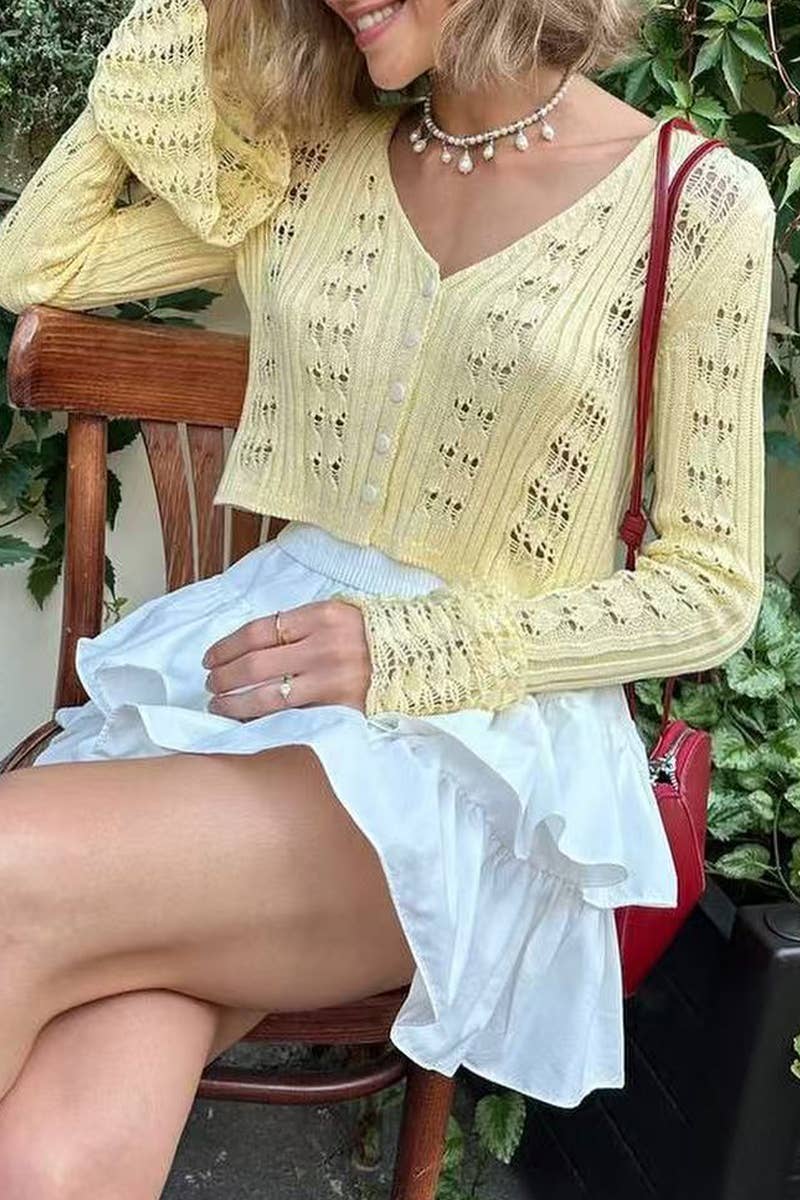 CWTTL2015_KNITTED SEXY HOLLOW TRUMPET SLEEVE TOP CARDIGAN