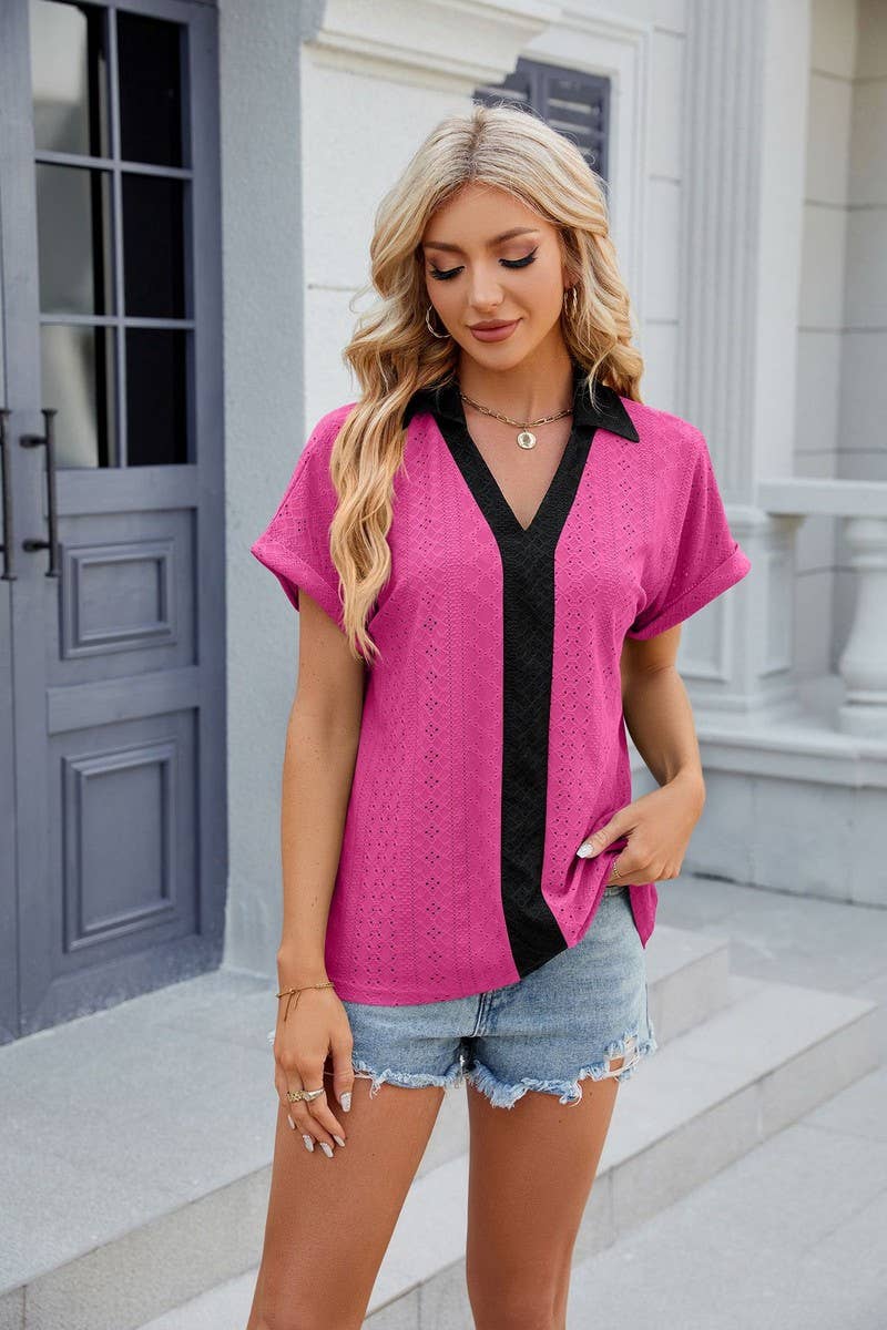 CWTTS0832_V-Neck Short Sleeve Knit Top