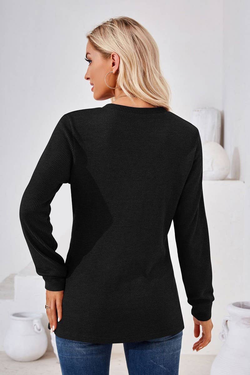 CWTBLL01312_V NECK BUTTON SOLID LONG SLEEVE LOOSE TEE