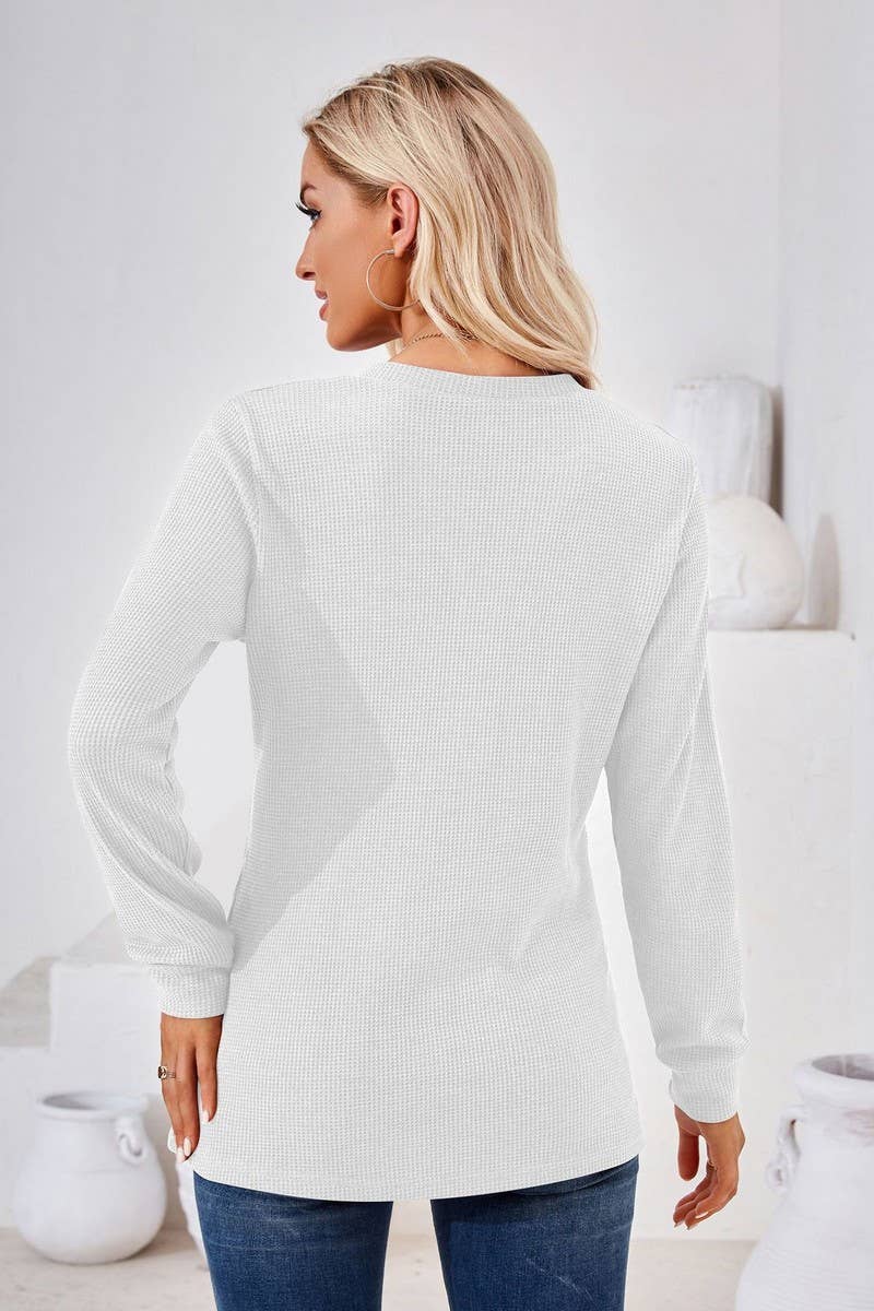 CWTBLL01312_V NECK BUTTON SOLID LONG SLEEVE LOOSE TEE