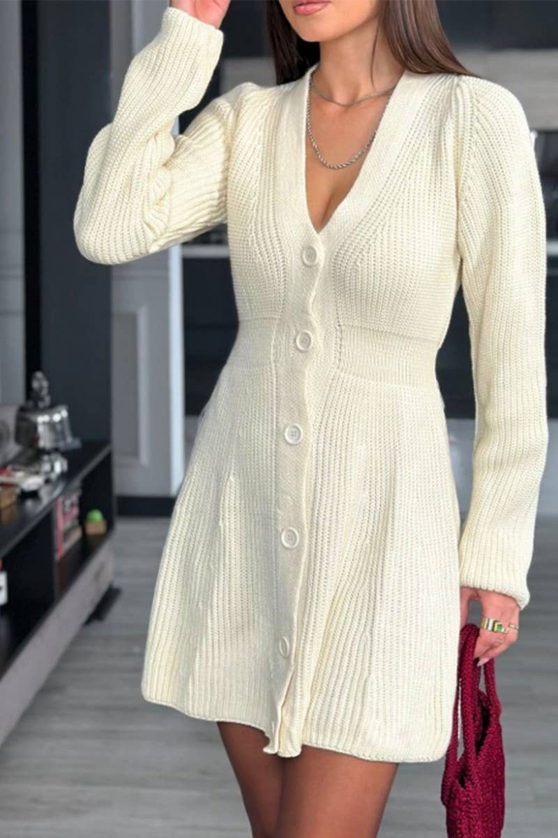 CWDSD10835_V-NECK SOLID LONG SLEEVE SWEATER DRESS