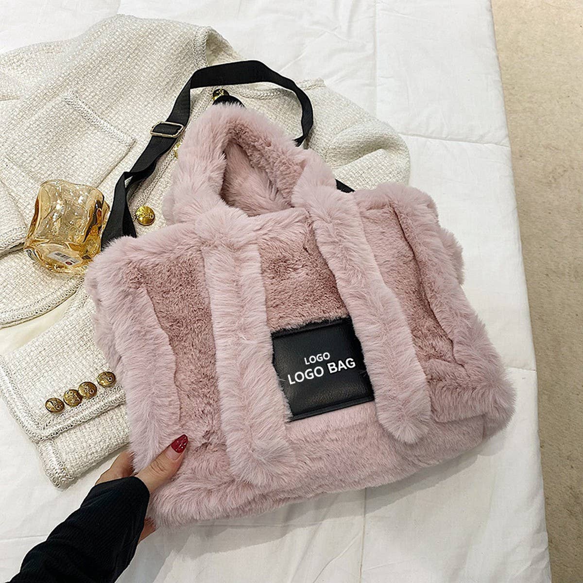 Faux Rabbit Fur Tote Bag Women Large Handbag_CUAB00552