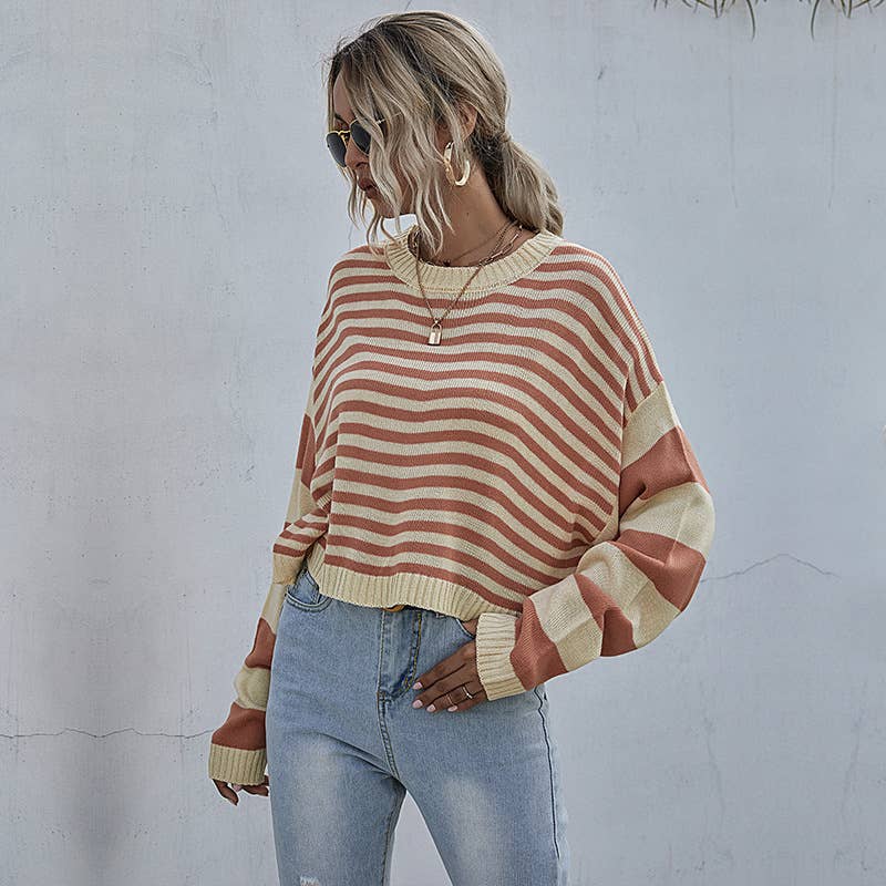CONTRASTING COLOR STRIPED CREW NECK LOOSE KNIT