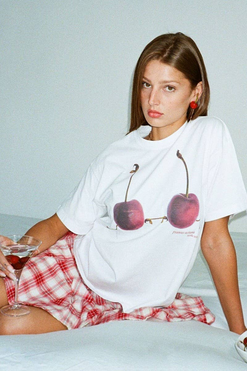 CWTTS1286_CHERRY PRINT LOOSE ROUND NECK PULLOVER T-SHIRT