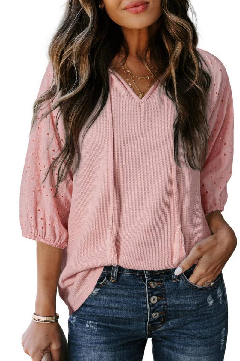 CWOHOS0021_SUMMER DRAWSTRING HOLLOW V-NECK SLEEVE T-SHIRT