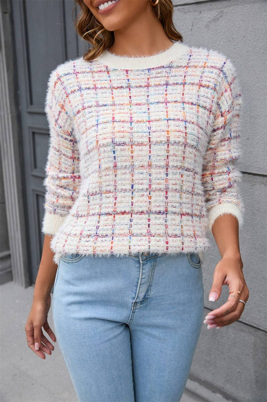 CWOSWL1691_Crew Plaid Neck Long Sleeve Pullover Sweater