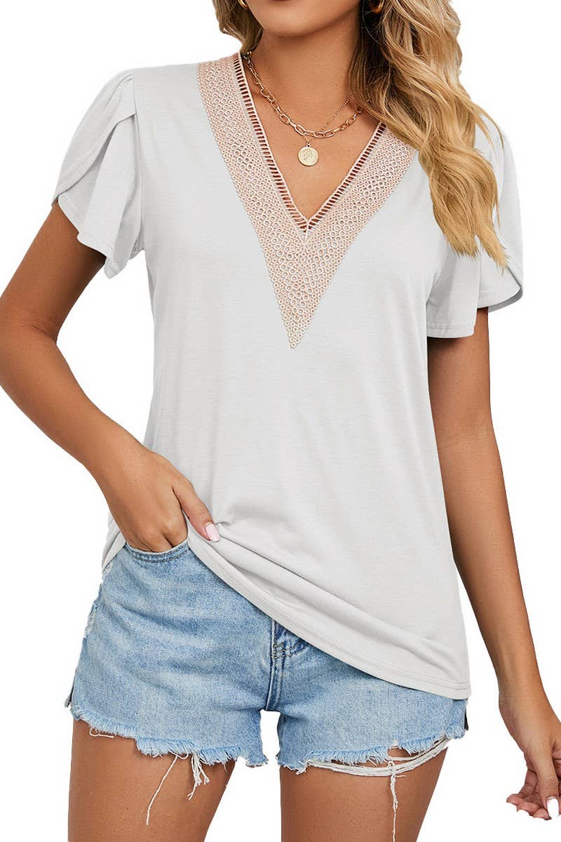 CWTBLS0872_V-NECK GOLD LACE SHORT-SLEEVED T-SHIRT