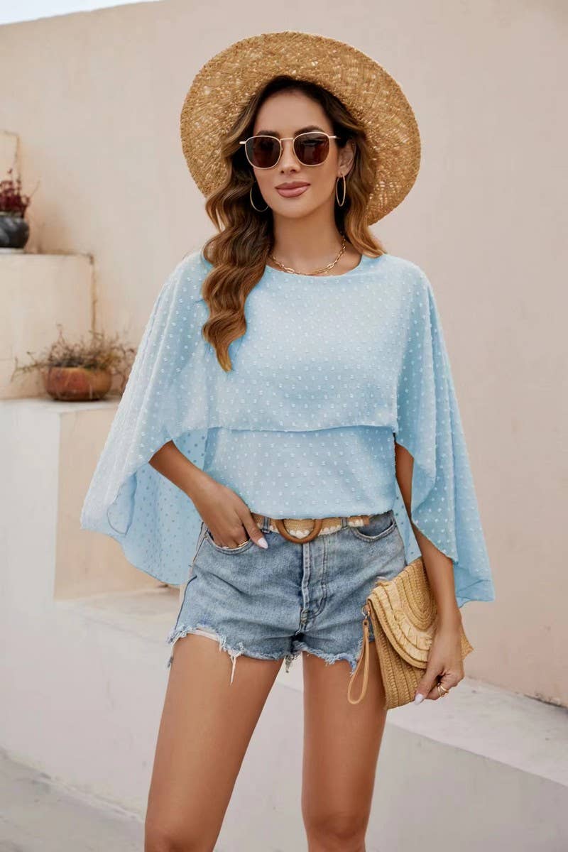 CWTBLS2234_CAPE STYLE LOOSE ROUND NECK CHIFFON BLOUSE