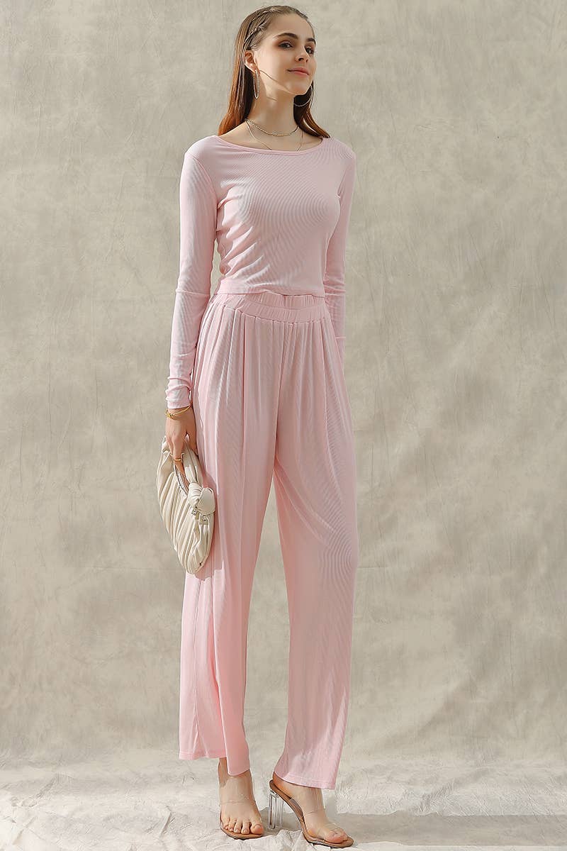 CWSTB279_MODAL LONG SLEEVE T SHIRT TOP AND WIDE PANTS SET