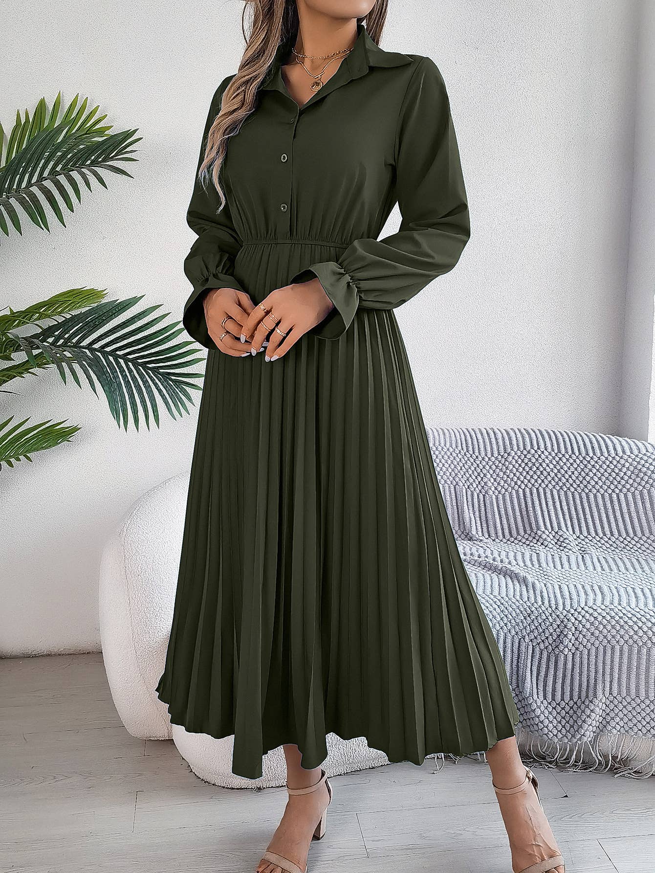 CASUAL LAPEL BUTTON WAIST PLEATED LONG DRESS
