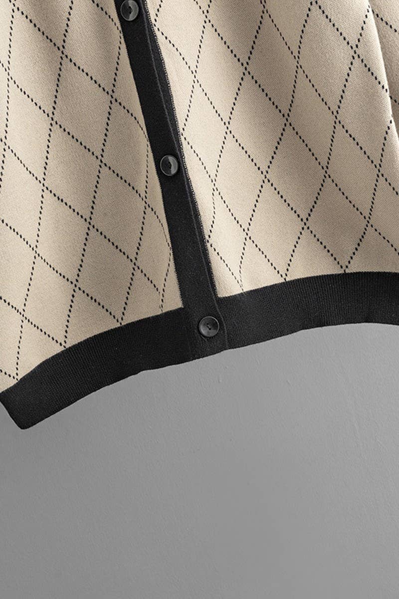 CWOCAL00676_V NECK LOOSE BUTTON PLAID KNIT CARDIGAN