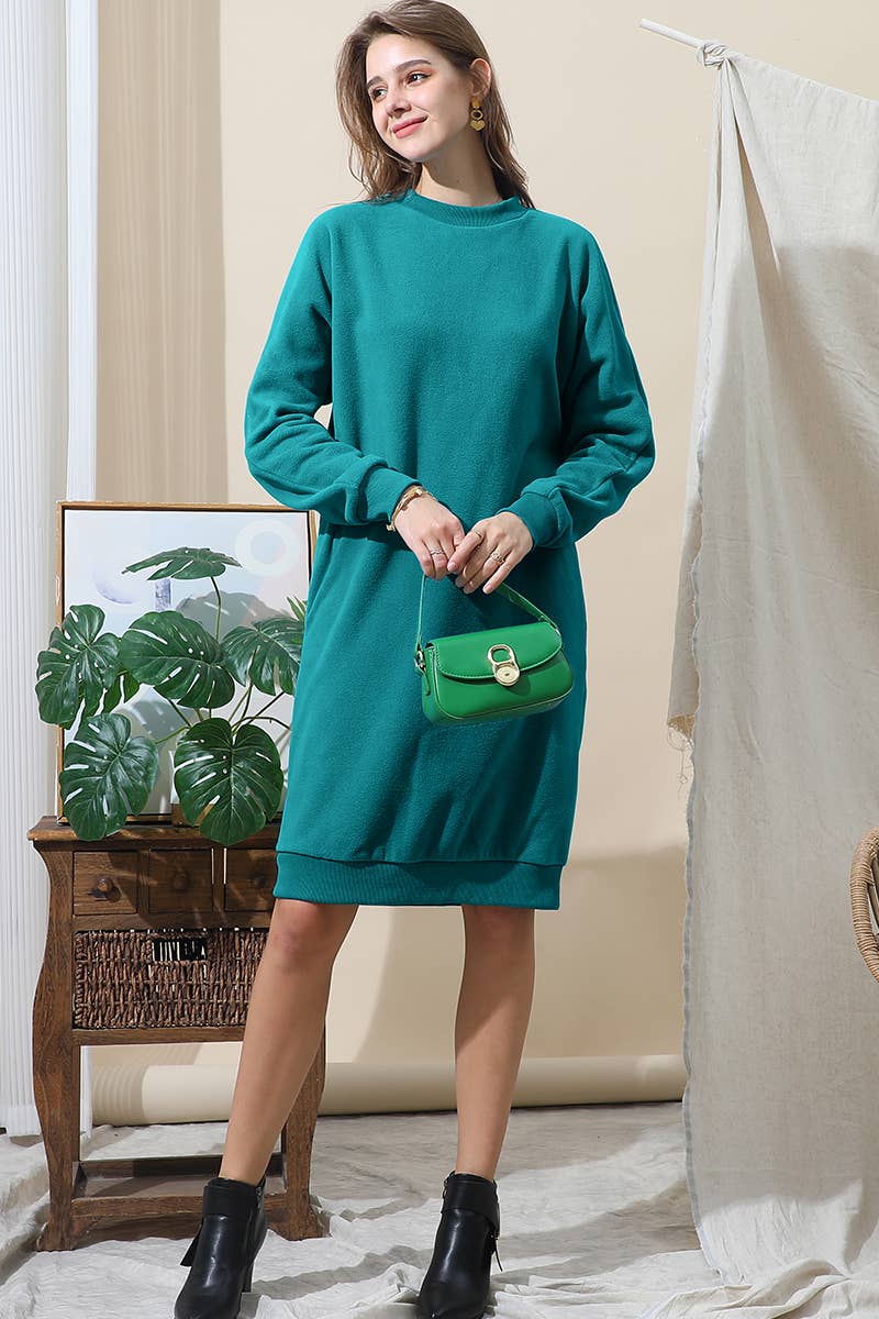 CWDMD793_R NECK FLEECE PULLOVER DRESS WITH SIDE POCKETS