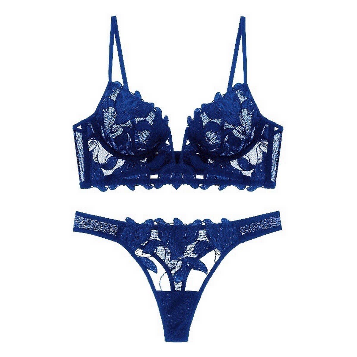 FLOWER EMBROIDERED MESH BREATHABLE LINGERIE SET