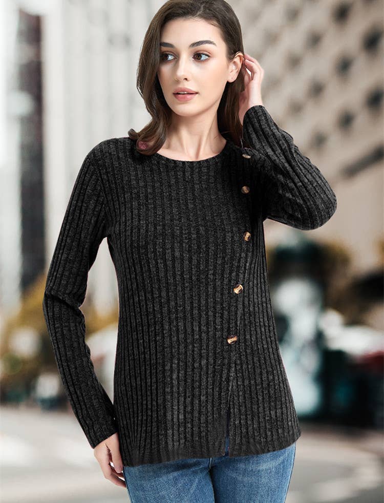 CREW-NECK SOLID COLOR PIT STRIPE BUTTON KNIT