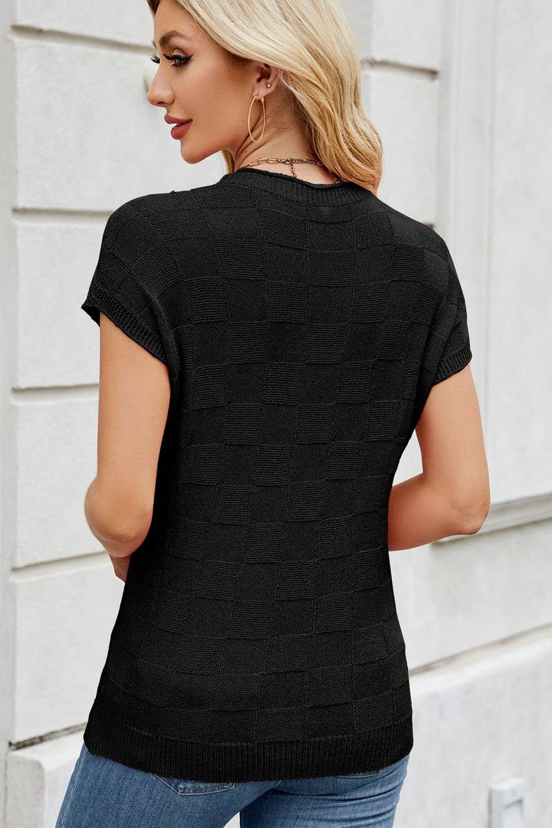 CWTBLS02497_SMALL CHECK CASUAL SHORT SLEEVE KNIT TOP