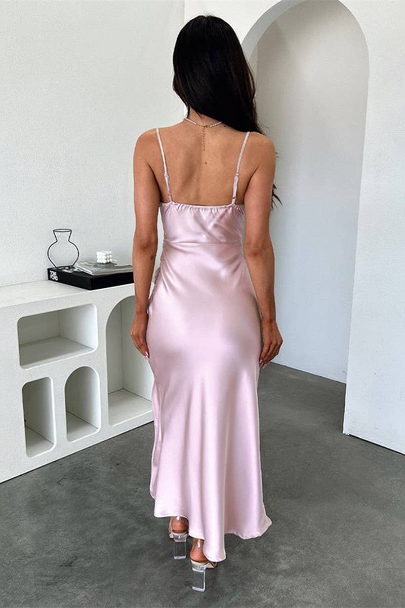 CWDMD5093_SATIN PLEATED SLIT FIT HIP SLING DRESS