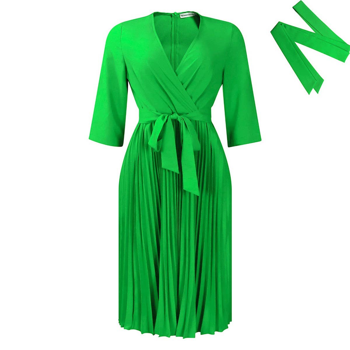 SOLID COLOR V-NECK LONG SLEEVE PLEATED SKIRT DRESS_CWDSD6145