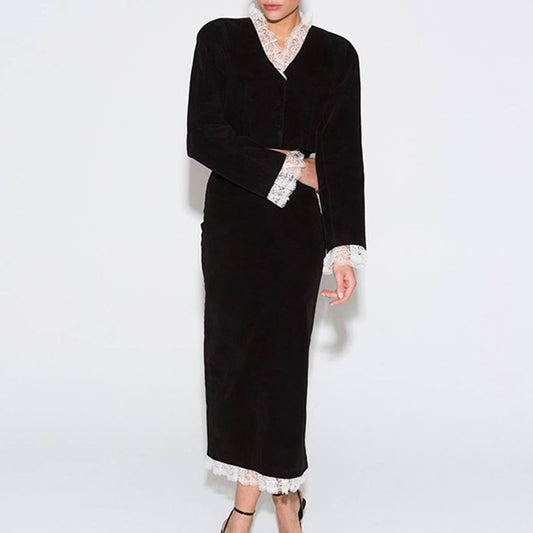 DEEP V LACE PATCHWORK CROP TOP SPLIT SKIRT SET