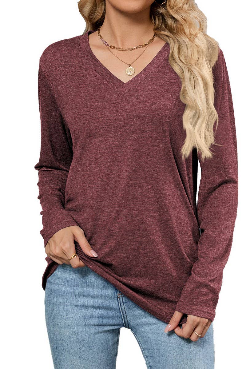 CWTTL00997_AUTUMN CASUAL V-NECK SOLID COLOR LOOSE T-SHIRT