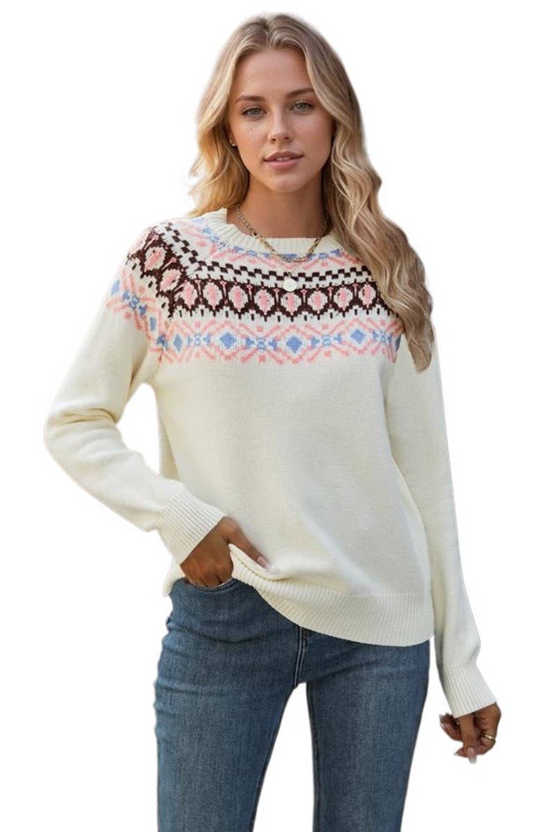 CWOSWL7020_JACQUARD VINTAGE CREW NECK PULLOVER SWEATER