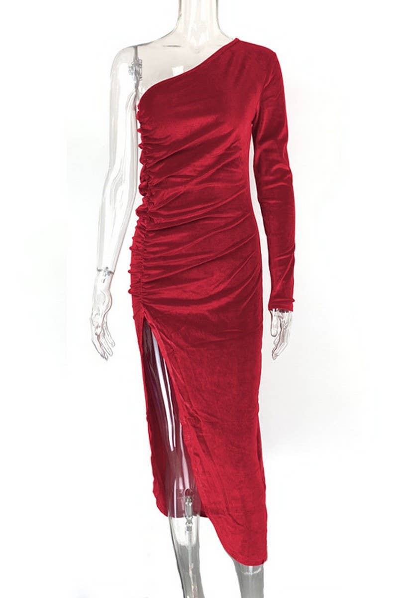 CWDMD4696_2024 NEW SLIT DRESS SEXY SLIM ONE SHOULDER DRESS