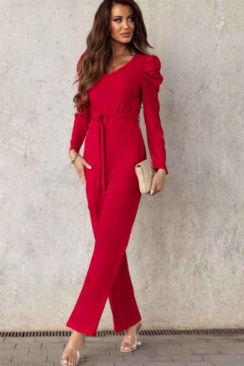 CWSJS1098_V-NECK LONG SLEEVED WAIST ONE-PIECE PANTS