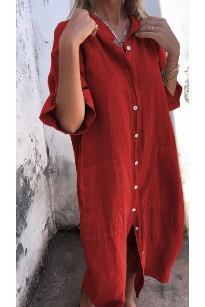 CWDMD01055_SUMMER LOOSE CASUAL MID-SLEEVE SHIRT DRESS