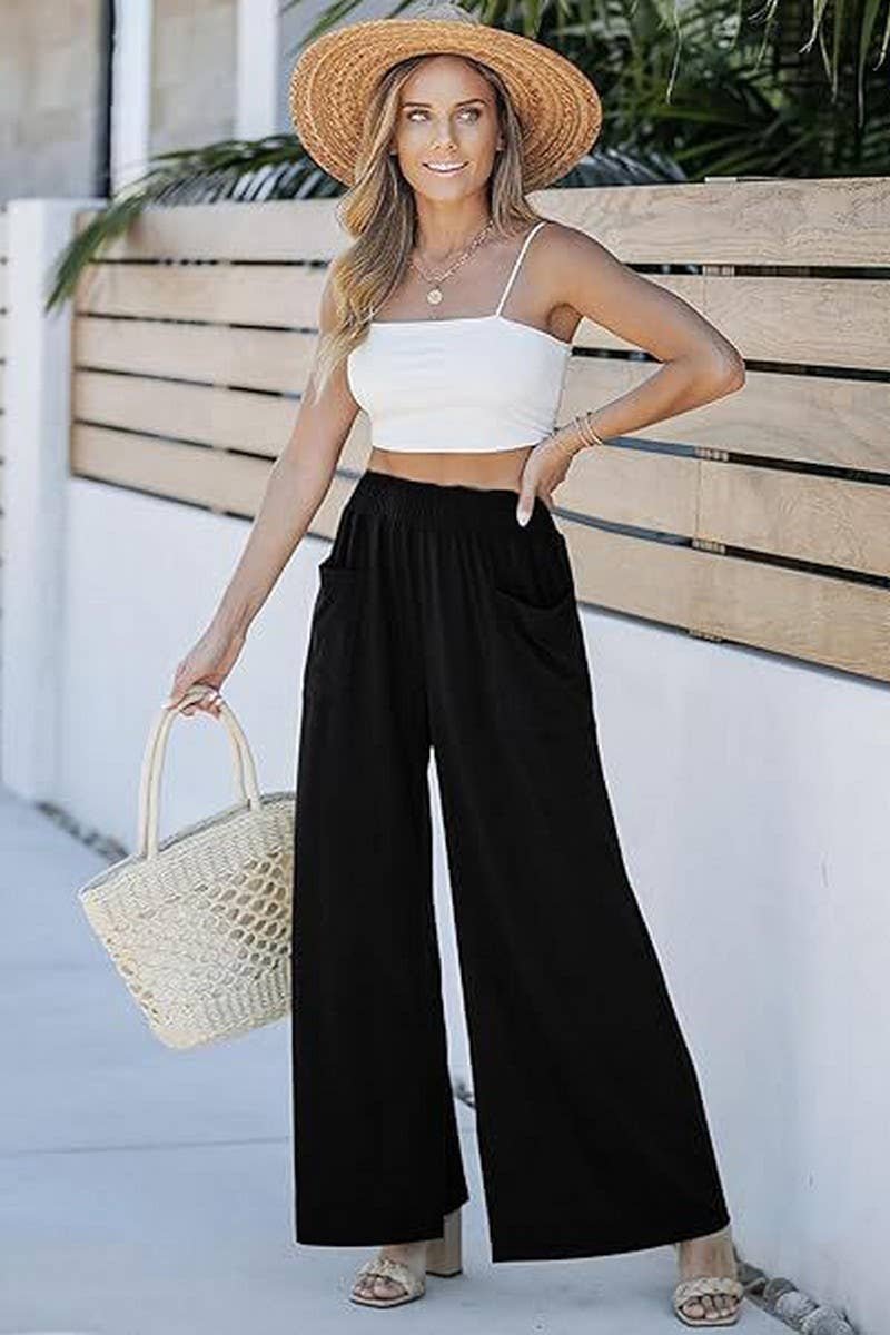 CWBLP1862_SOLID COLOR ELASTIC WAIST LOOSE CASUAL TROUSERS