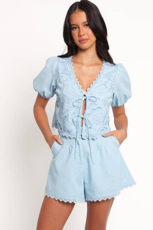 CWSS1223_V-NECK BOW TIE PUFF SLEEVE TOP & SHORTS SET