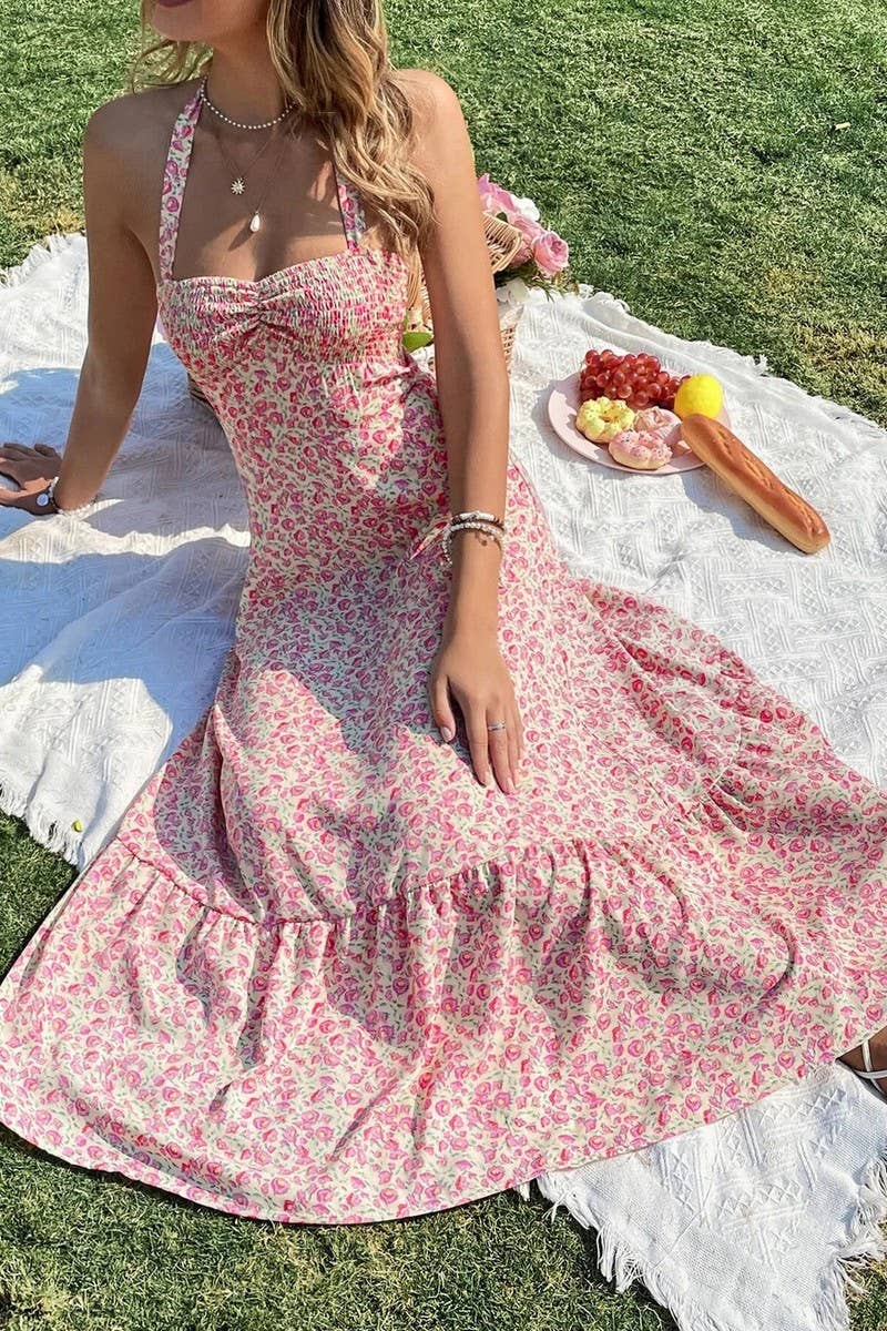 CWDHL0981_FLORAL PRINT TIE SLEEVELESS A-LINE DRESS