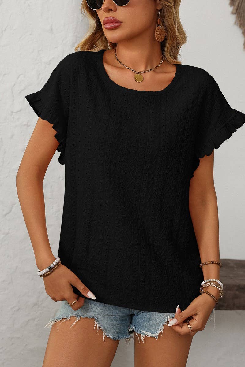 CWTBLS1710_SOLID COLOR ROUND NECK SHORT SLEEVE HOLLOW TOP