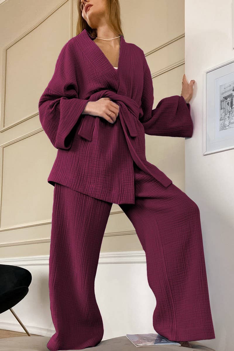 CWSPJ0081_LONG SLEEVE CARDIGAN WITH BELT PANTS PAJAMAS SET