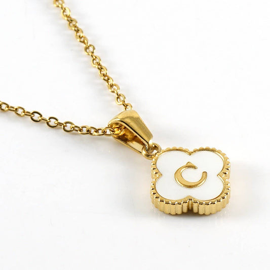 FOUR LEAF CLOVER 26 LETTER SHELL PENDANT NECKLACE