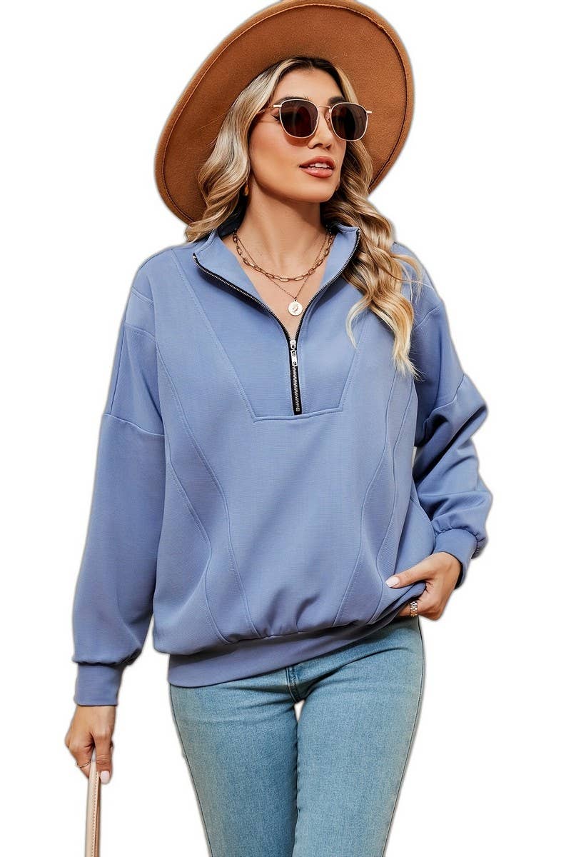 CWTBLL2399_ZIPPERED STAND COLLAR POCKET CASUAL SWEATSHIRT