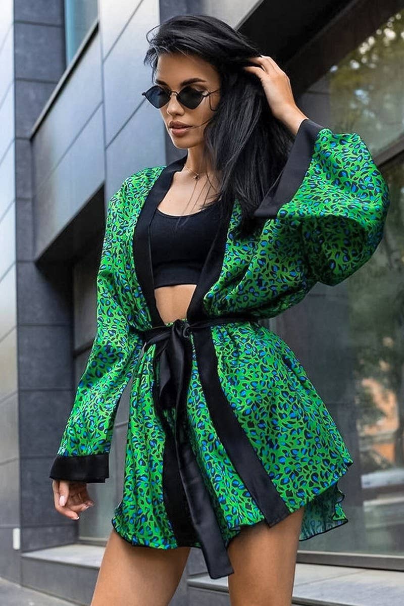 CWSPJ0395_SATIN PRINT CARDIGAN ROBE SHORTS TWO-PIECE SET