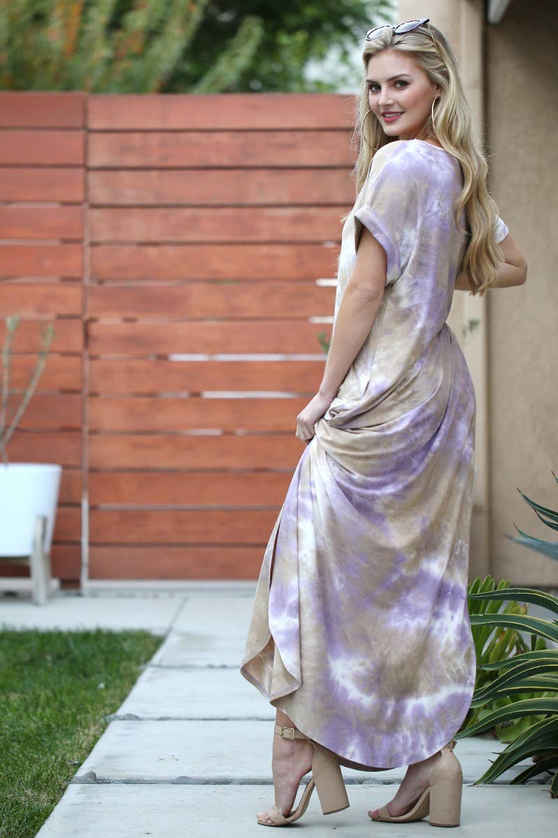 CWDMD141-P_SHORT SLEEVE V-NECK MAXI DRESS WITH SIDE SLIT