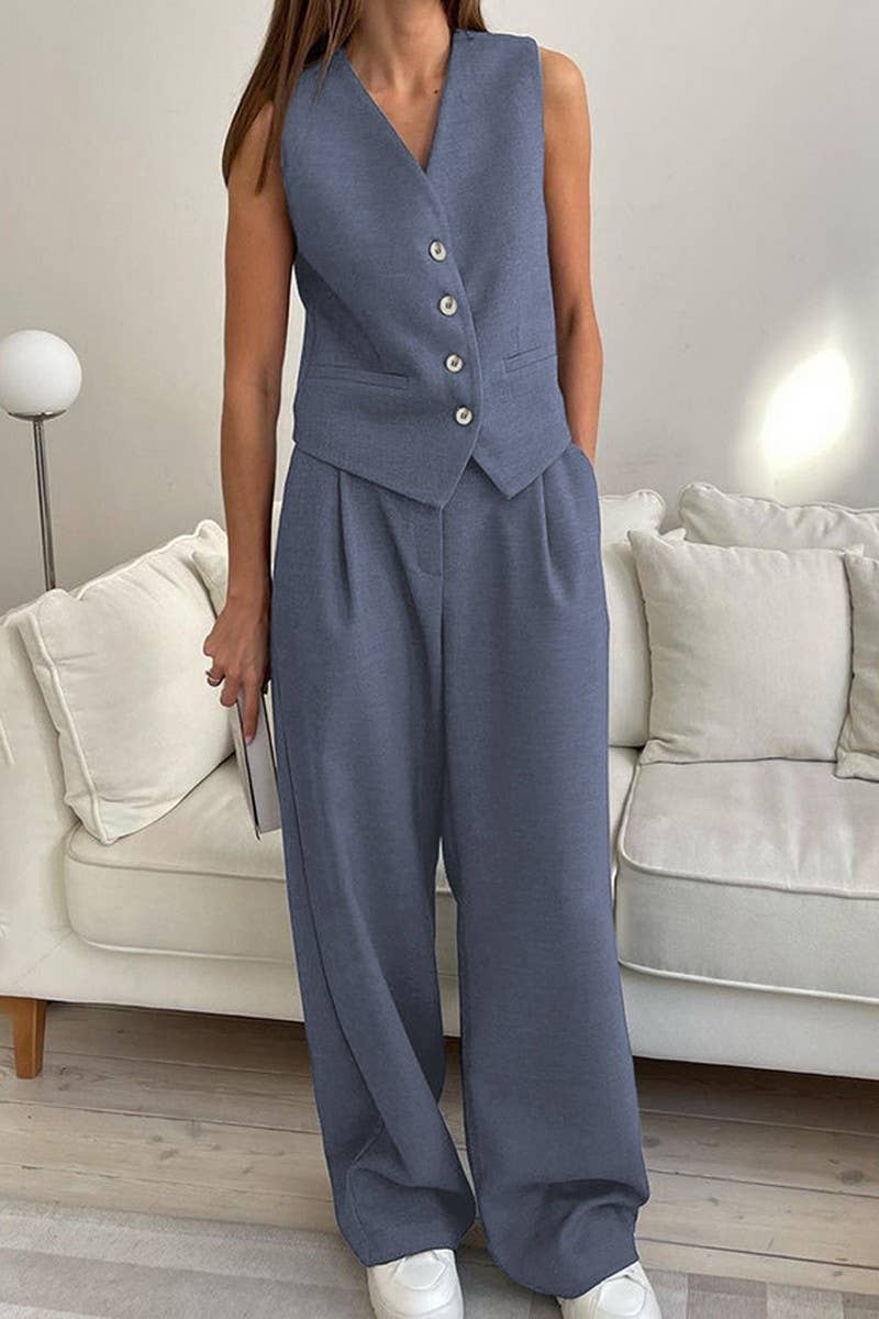 CWSTB1475_SOLID COLOR SUIT VEST TOP PANTS SET