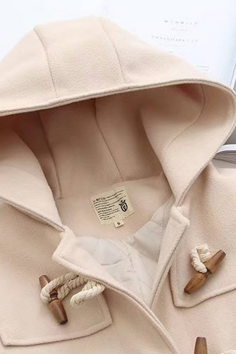 CWOCO0988_DOUBLE WOODEN BUTTON HOODED WOOLEN COAT