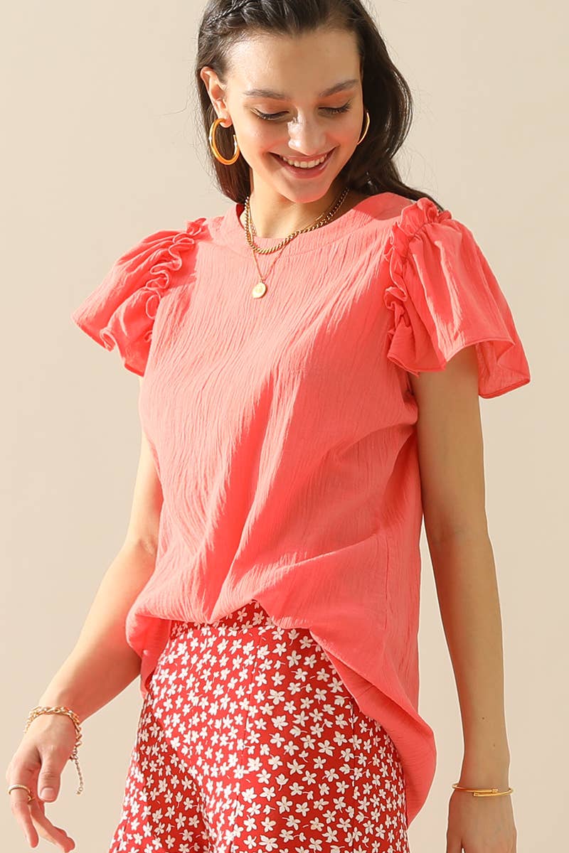CWTBLS203_R NECK FRILL SHORT SLEEVE BLOUSE TOP