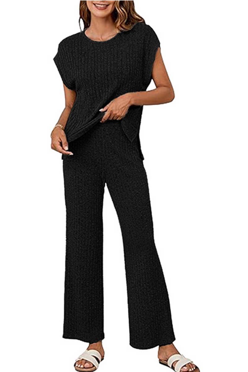 CWSTB1611_STRIPED BRUSHED SLIT TOP AND TROUSERS SET