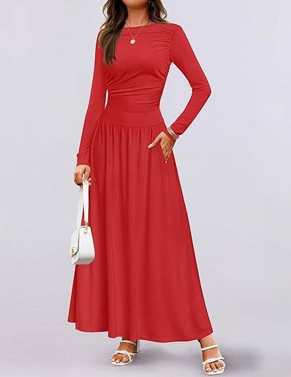 CREW NECK PLEATED POCKET SLIM LONG-SLEEVE DRESS